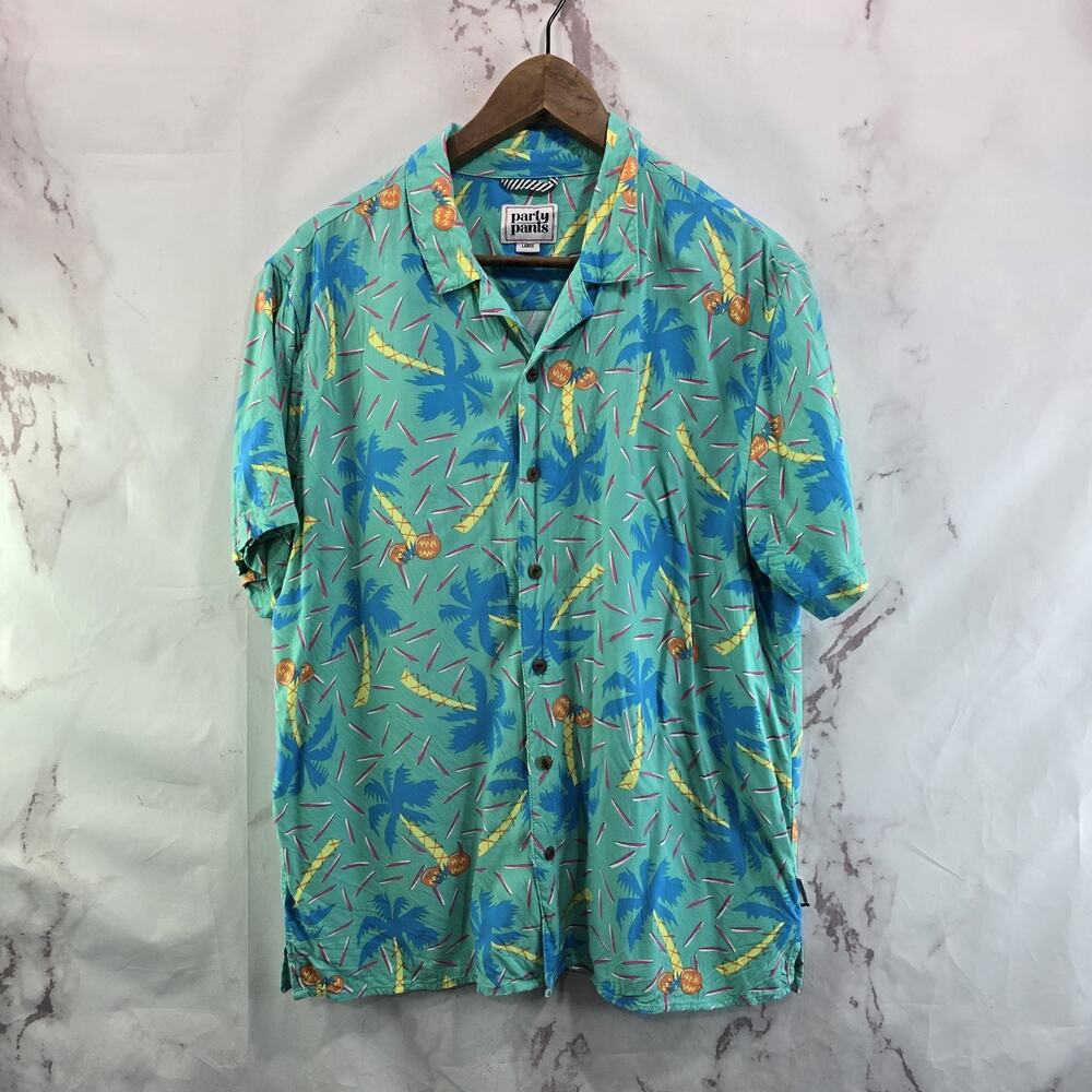 Party Pants Shirt Mens Large Green Button Up Palm Short Sleeve Hawaiian Camp